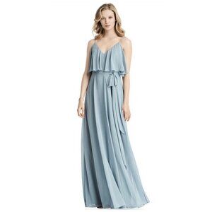 Jenny Packham Cold Shoulder Chiffon Ruffle Maxi Gown Light Blue Size 2 NWT